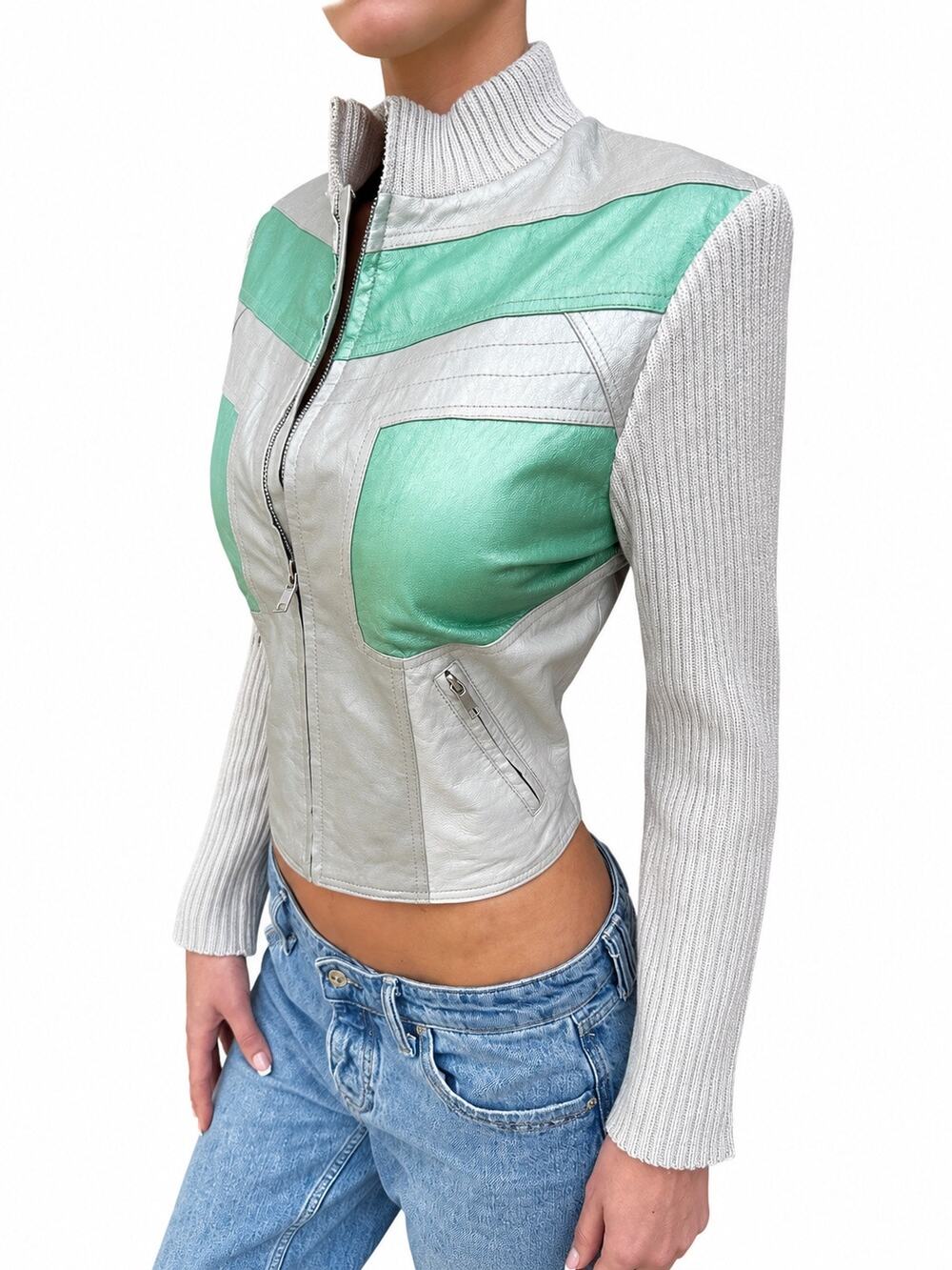 Y2K Silver Mint Leather Knit Sleeve Moto Jacket